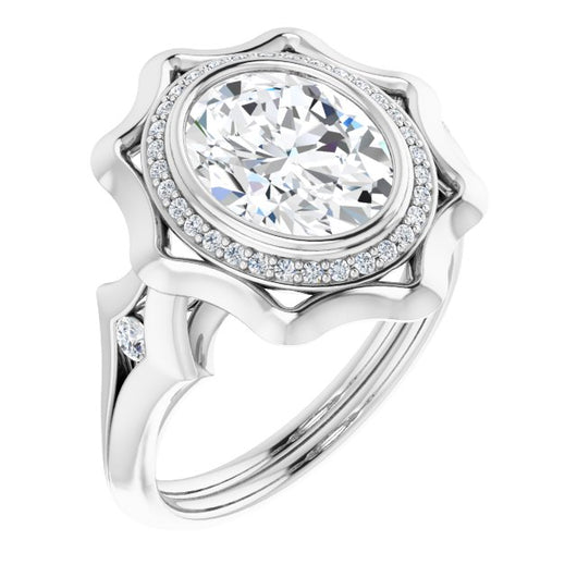 10K White Gold Customizable Bezel-set Oval Cut with Halo & Oversized Floral Design