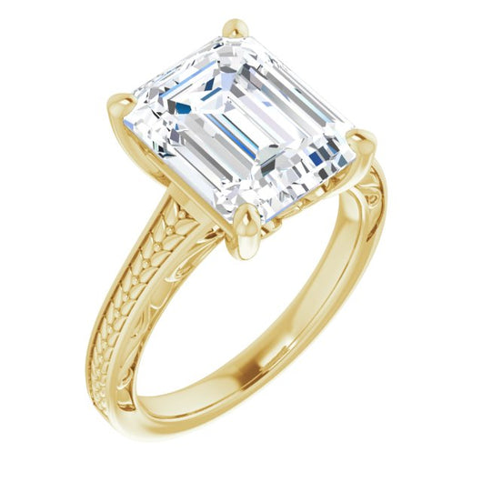 10K Yellow Gold Customizable Emerald/Radiant Cut Solitaire with Organic Textured Band and Decorative Prong Basket