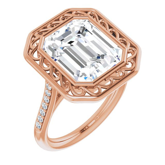 10K Rose Gold Customizable Cathedral-Bezel Emerald/Radiant Cut Design with Floral Filigree and Thin Shared Prong Band