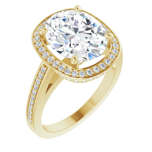 10K Yellow Gold Customizable Cathedral-set Oval Cut Design with Halo, Thin Pavé Band & Round-Bezel Peekaboos