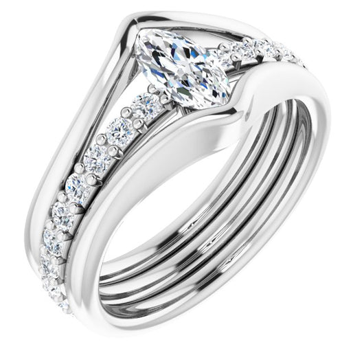 10K White Gold Customizable Bezel-set Marquise Cut Style with Thick Pavé Band