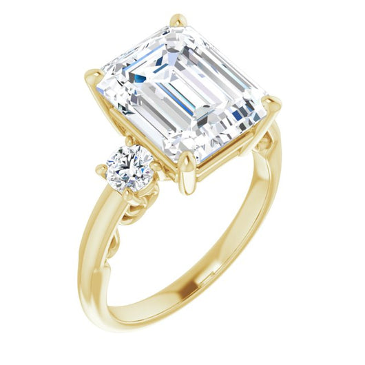 10K Yellow Gold Customizable Emerald/Radiant Cut 3-stone Style featuring Heart-Motif Band Enhancement