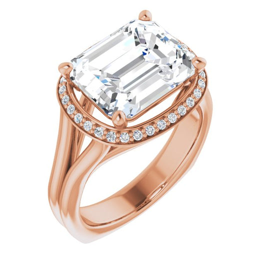 10K Rose Gold Customizable Emerald/Radiant Cut Style with Halo, Wide Split Band and Euro Shank