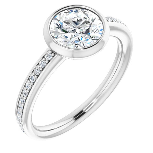 10K White Gold Customizable Bezel-Set Round Cut Center with Thin Shared Prong Band