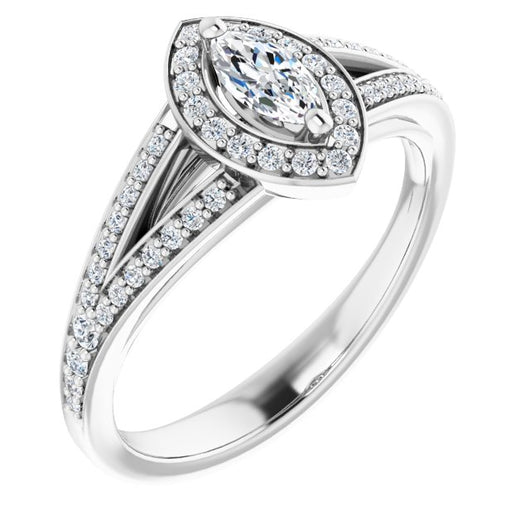 10K White Gold Customizable Cathedral-Halo Marquise Cut Style featuring Split-Shared Prong Band