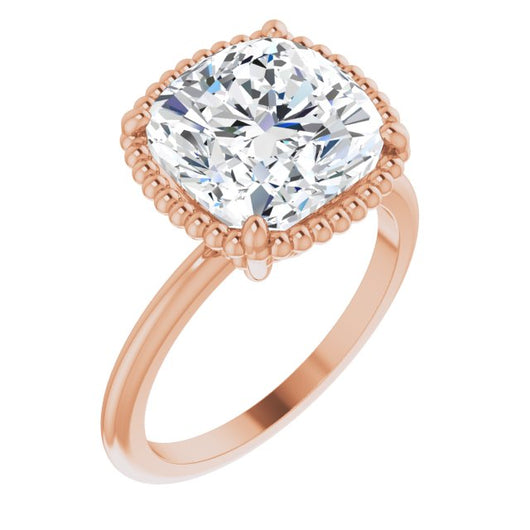 10K Rose Gold Customizable Cushion Cut Solitaire with Beaded Metallic Milgrain