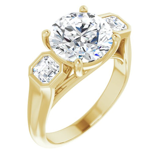 10K Yellow Gold Customizable 3-stone Cathedral Round Cut Design with Twin Asscher Cut Side Stones