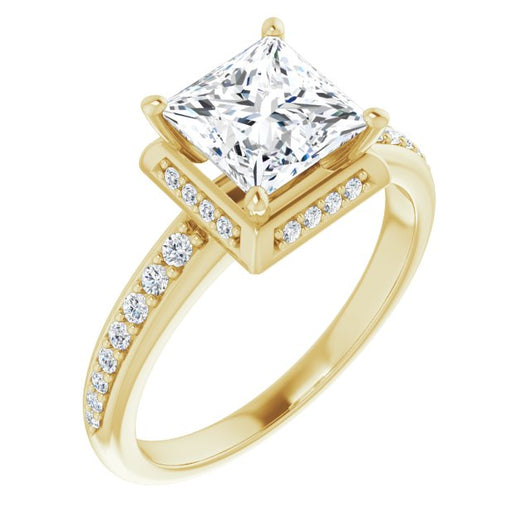 10K Yellow Gold Customizable Princess/Square Cut Design with Geometric Under-Halo and Shared Prong Band