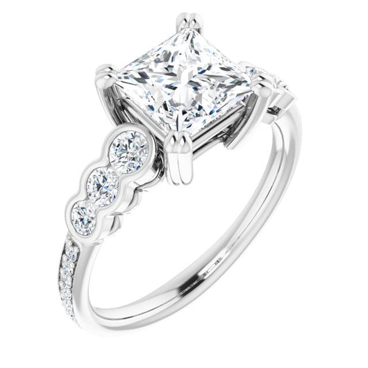 10K White Gold Customizable Princess/Square Cut 7-stone Style Enhanced with Bezel Accents and Shared Prong Band