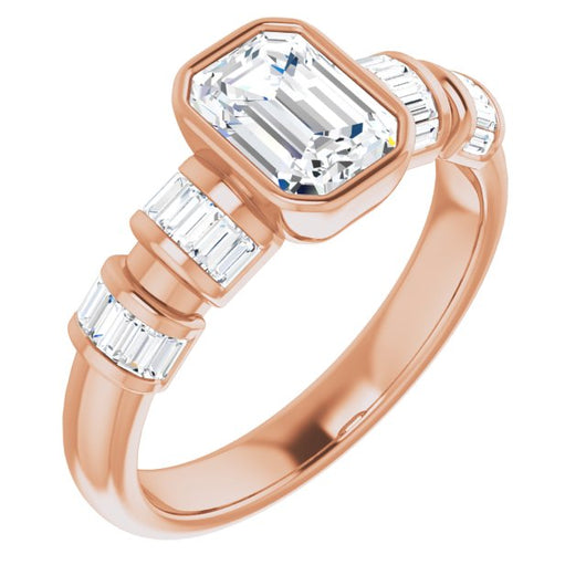 10K Rose Gold Customizable Bezel-set Emerald/Radiant Cut Design with Quad Horizontal Band Sleeves of Baguette Accents