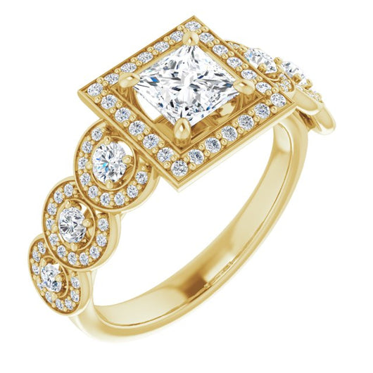 10K Yellow Gold Customizable Cathedral-set Princess/Square Cut 7-stone style Enhanced with 7 Halos