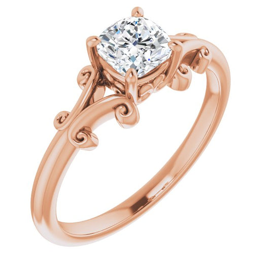 10K Rose Gold Customizable Cushion Cut Solitaire with Band Flourish and Decorative Trellis