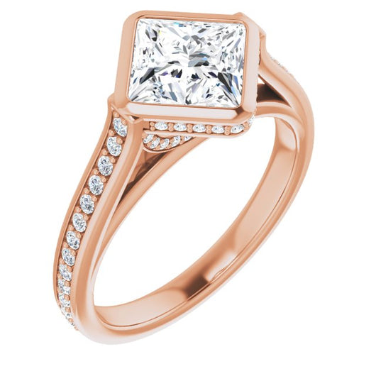 10K Rose Gold Customizable Cathedral-Bezel Princess/Square Cut Design with Under Halo and Shared Prong Band