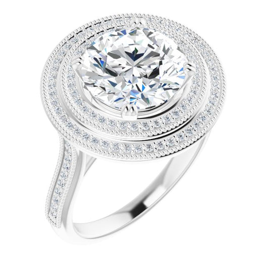 10K White Gold Customizable Round Cut Design with Elegant Double Halo, Houndstooth Milgrain and Band-Channel Accents