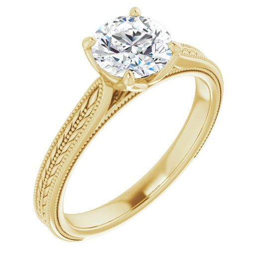 10K Yellow Gold Customizable Round Cut Solitaire with Wheat-inspired Band 