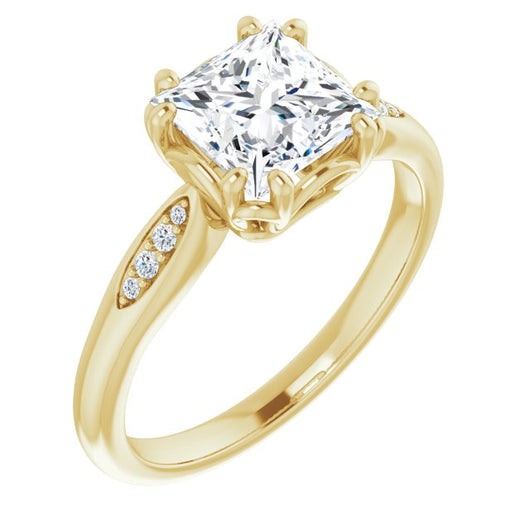 10K Yellow Gold Customizable 9-stone Princess/Square Cut Design with 8-prong Decorative Basket & Round Cut Side Stones