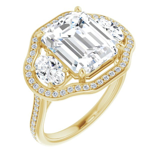 10K Yellow Gold Customizable Emerald/Radiant Cut Style with Oval Cut Accents, 3-stone Halo & Thin Shared Prong Band