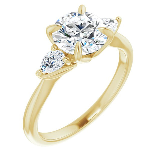 10K Yellow Gold Customizable 3-stone Design with Round Cut Center and Dual Large Pear Side Stones