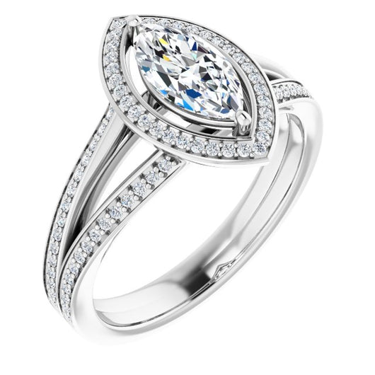 10K White Gold Customizable Marquise Cut Design with Split-Band Shared Prong & Halo