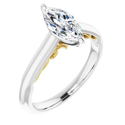 14K White & Yellow Gold Customizable Marquise Cut Cathedral Solitaire with Two-Tone Option Decorative Trellis 'Down Under'