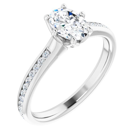 10K White Gold Customizable 6-prong Oval Cut Design with Round Channel Accents