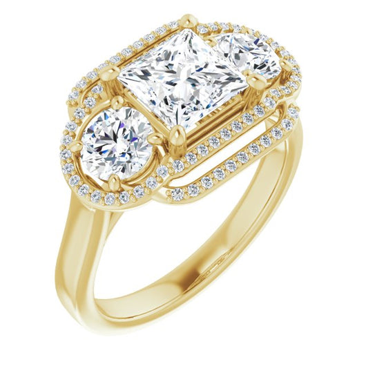 10K Yellow Gold Customizable Cathedral-set Enhanced 3-stone Princess/Square Cut Design with Multidirectional Halo