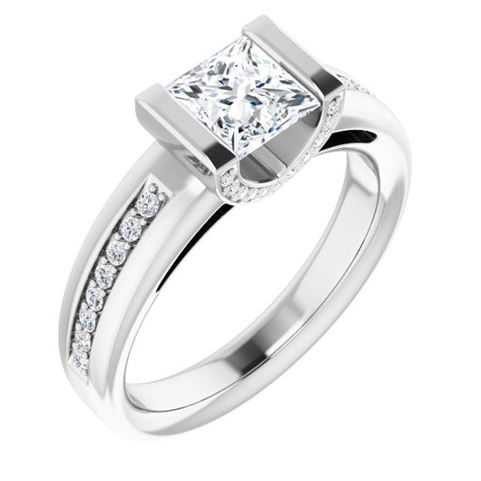 10K White Gold Customizable Cathedral-Bar Princess/Square Cut Design featuring Shared Prong Band and Prong Accents