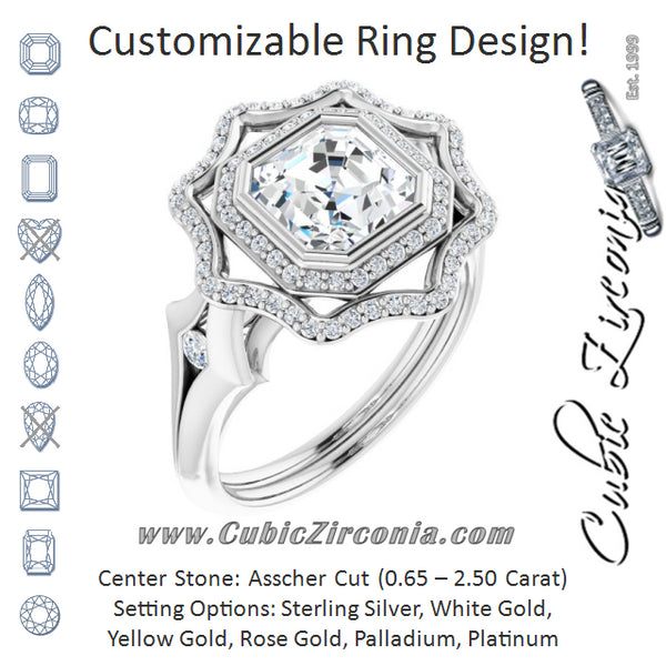 Cubic Zirconia Engagement Ring- The Cyra (Customizable Cathedral-bezel Asscher Cut Design with Floral Double Halo and Channel-Accented Split Band)