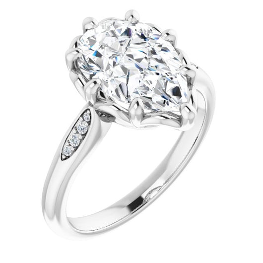 10K White Gold Customizable 9-stone Pear Cut Design with 8-prong Decorative Basket & Round Cut Side Stones