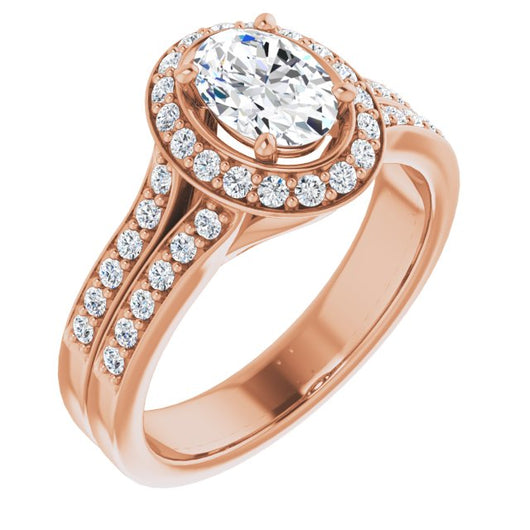 10K Rose Gold Customizable Oval Cut Halo Style with Accented Split-Band