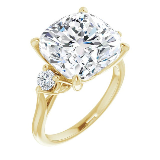 10K Yellow Gold Customizable Three-stone Cushion Cut Design with Small Round Accents and Vintage Trellis/Basket