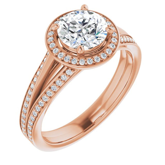 10K Rose Gold Customizable Round Cut Design with Split-Band Shared Prong & Halo