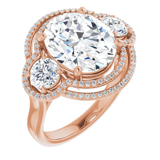 10K Rose Gold Customizable Cathedral-set Enhanced 3-stone Oval Cut Design with Multidirectional Halo