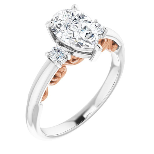 14K White & Rose Gold Customizable Pear Cut 3-stone Style featuring Heart-Motif Band Enhancement