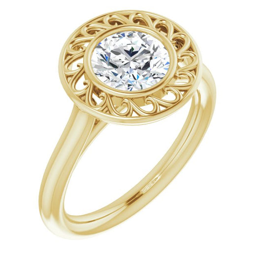 10K Yellow Gold Customizable Cathedral-Bezel Style Round Cut Solitaire with Flowery Filigree