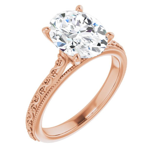 10K Rose Gold Customizable Oval Cut Solitaire with Delicate Milgrain Filigree Band