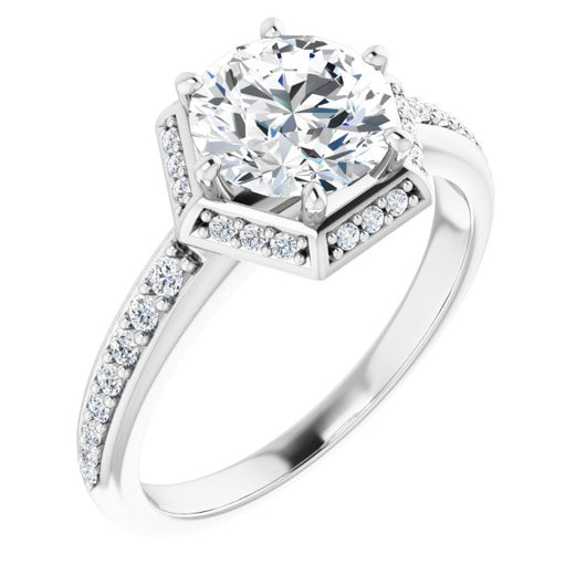 10K White Gold Customizable Round Cut Design with Geometric Under-Halo and Shared Prong Band