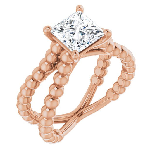 10K Rose Gold Customizable Princess/Square Cut Solitaire with Wide Beaded Split-Band