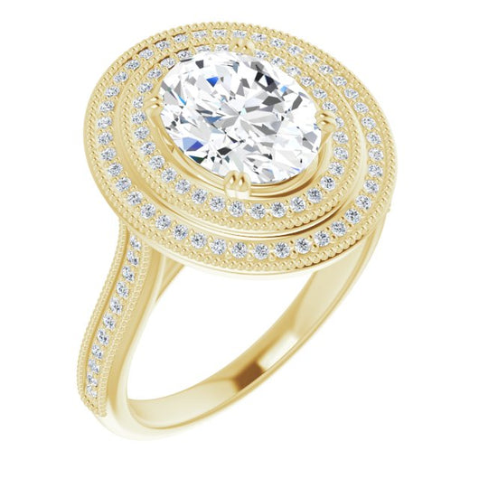 10K Yellow Gold Customizable Oval Cut Design with Elegant Double Halo, Houndstooth Milgrain and Band-Channel Accents