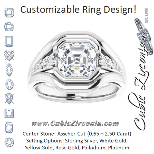 Cubic Zirconia Engagement Ring- The Naira (Customizable 9-stone Asscher Cut Design with Bezel Center, Wide Band and Round Prong Side Stones)