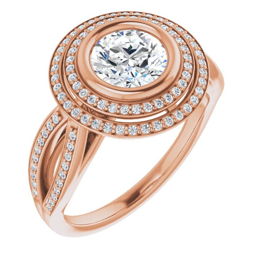 10K Rose Gold Customizable Bezel-set Round Cut Style with Double Halo and Split Shared Prong Band