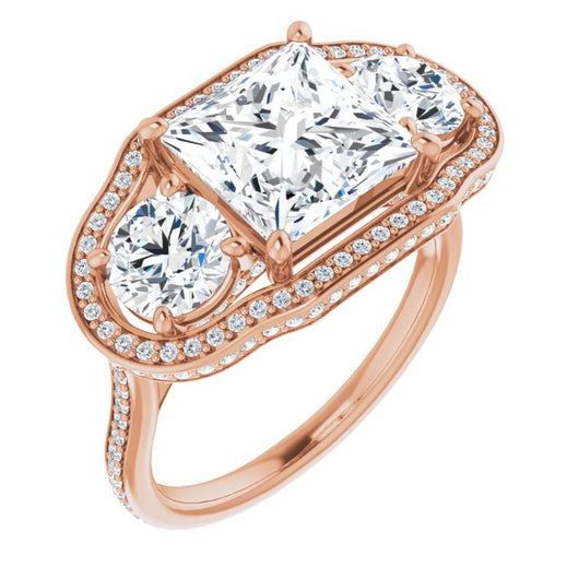 10K Rose Gold Customizable 3-stone Princess/Square Cut Design with Multi-Halo Enhancement and 150+-stone Pavé Band