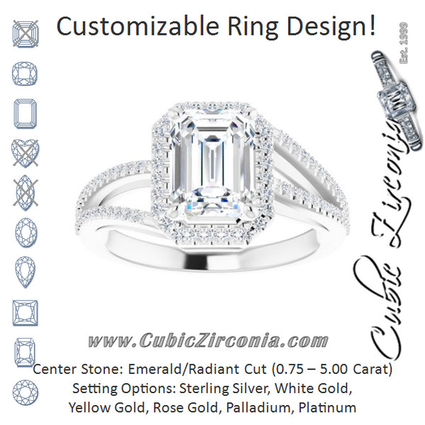 Cubic Zirconia Engagement Ring- The Claudette (Customizable Emerald Cut Vintage Design with Halo Style and Asymmetrical Split-Pavé Band)