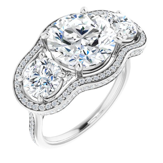 10K White Gold Customizable 3-stone Round Cut Design with Multi-Halo Enhancement and 150+-stone Pavé Band