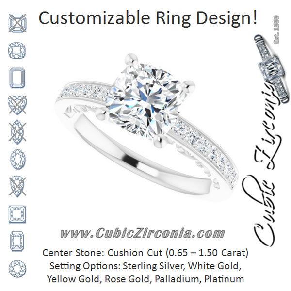 Cubic Zirconia Engagement Ring- The Eternity (Customizable Cushion Cut Design featuring 3-Sided Infinity Trellis and Round-Channel Accented Band)