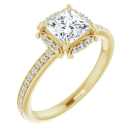 10K Yellow Gold Customizable Princess/Square Cut Style with Halo and Thin Shared Prong Band