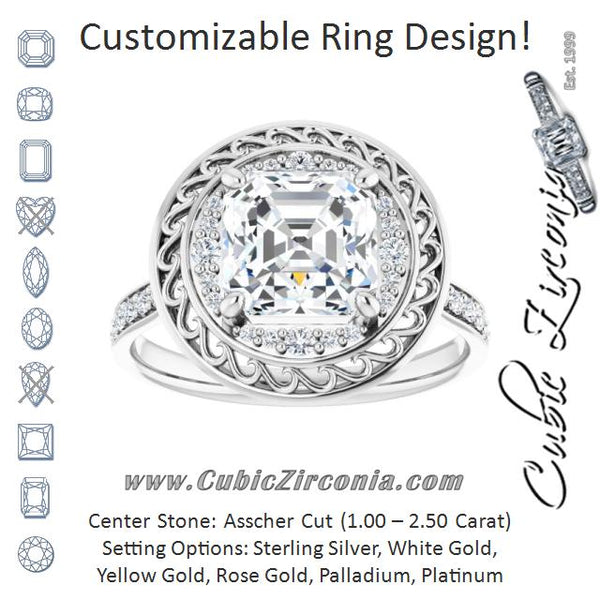 Cubic Zirconia Engagement Ring- The Ariané Contessa (Customizable Cathedral-style Asscher Cut featuring Cluster Accented Filigree Setting & Shared Prong Band)