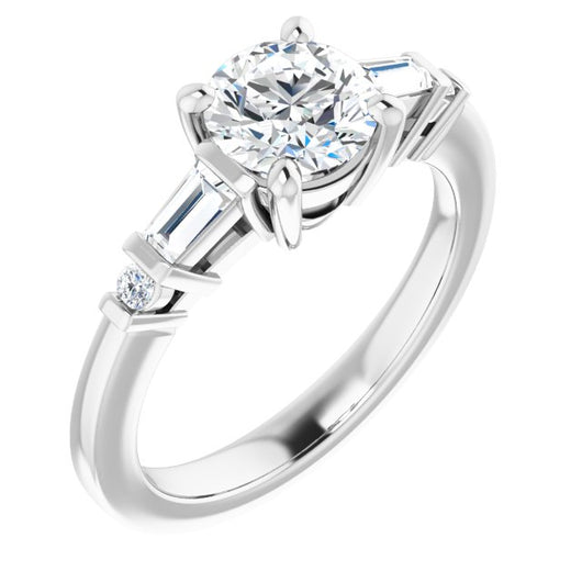 10K White Gold Customizable 5-stone Baguette+Round-Accented Round Cut Design)