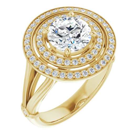 10K Yellow Gold Customizable Cathedral-set Round Cut Design with Double Halo, Wide Split Band and Side Knuckle Accents