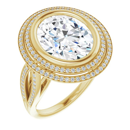 10K Yellow Gold Customizable Bezel-set Oval Cut Style with Double Halo and Split Shared Prong Band